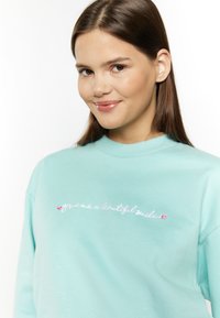 Lichtblauwe sweatshirt met een ronde hals, voorzien van gebordurde tekst "geef me een mooie glimlach" in het roze. Zachte stofstructuur.