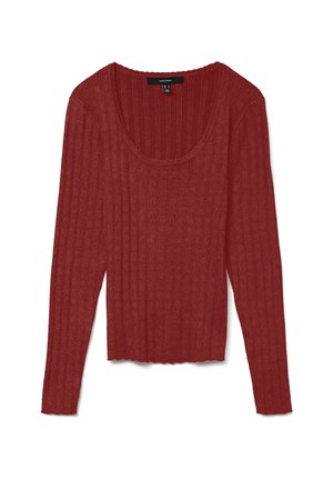 Rød ribbet bluse med lange ærmer, rund halsudskæring og lidt cropped kant. Tekstureret stof med lodrette mønstre og blød finish.