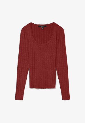 Pull-over long un manches en rouge côtelé avec un col évasé et un ourlet légèrement court. Tissu texturé avec des motifs verticaux et une finition douce.