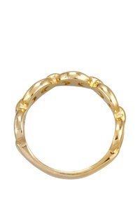 Guldfärgad ring med flätad design. Slät yta, rundad form, med jämnt fördelade länkar. Den inre ytan är polerad.
