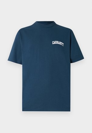 Navy blue cotton t-shirt with short sleeves and a crew neck. Features a white "Carhartt" logo printed on the left chest.