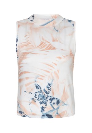 Mouwloze witte top met hoge hals, voorzien van een zacht perzikkleurig palmblad- en blauw bloemenprint patroon.