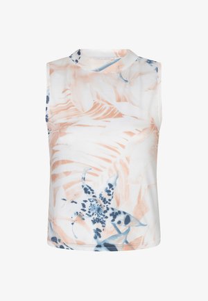 Haut blanc sans manches à col haut, orné d'un motif doux de feuilles de palmier pêche et de fleurs bleues.