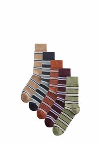 Ensemble de cinq chaussettes de différentes couleurs, avec des rayures horizontales. Les couleurs comprennent beige, bleu marine, orange, rouge foncé et vert. Tissu en coton.