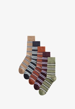 Set aus fünf Socken in verschiedenen Farben mit horizontalen Streifen. Die Farben umfassen Beige, Marineblau, Orange, Dunkelrot und Grün. Aus Baumwollstoff.