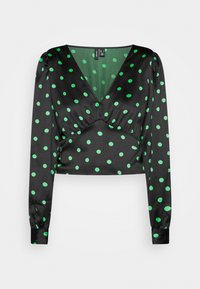Blusa nera in satin a maniche lunghe con scollatura a V profonda, vita arricciata e pois verdi; aderente in vita con polsini elasticizzati.