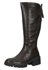 Botas castanhas até ao joelho em imitação de couro texturizado com um padrão de crocodilo, fecho lateral e sola negra robusta em borracha.