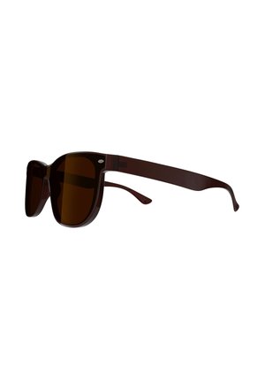 Dark brown rectangular sunglasses with thick frames and tinted lenses, shown from a side angle on a white background.