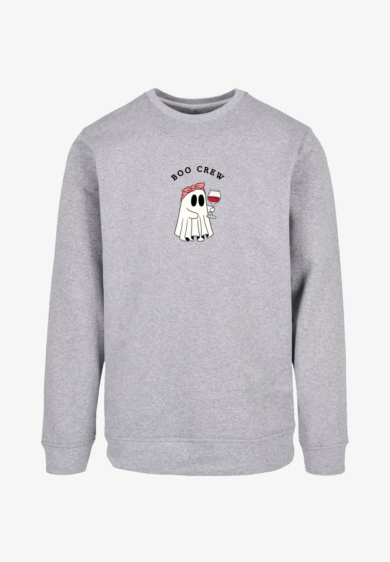 Gray sweatshirt made of cotton blend, featuring a graphic of a ghost with a red wine glass and the text "BOO CREW" above it.