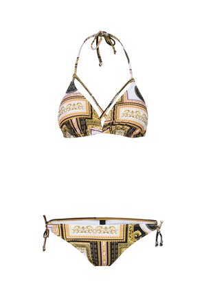 Bikini deux pièces avec motifs baroques noirs, dorés et blancs ; haut à col halter avec fermeture par nœud et bas assortis à nouer sur les côtés.