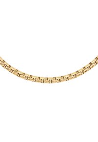 Collana in oro con maglie intrecciate, texture liscia e finitura lucida, caratterizzata da un design semplice e classico.