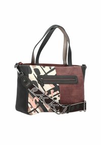 Borsa colorata con texture e motivi misti. Pelle testurizzata bordeaux e nera, design astratti in crema e rosa, tracolla removibile.