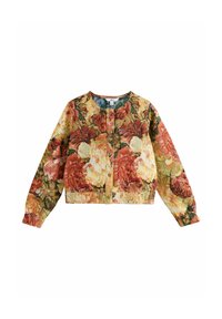 Knappet floral jakke med lange ærmer, elastiske manchetter og kant, med store røde, gule og grønne blomstermønstre på stoffet.