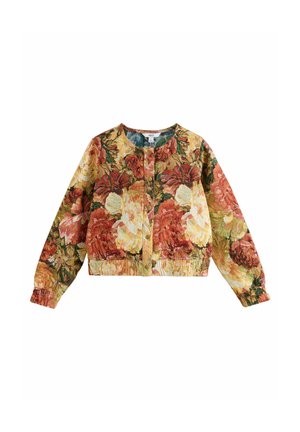 Knopffloraljacke mit langen Ärmeln, elastischen Bündchen und Saum, mit großen roten, gelben und grünen Blumenmustern auf dem Stoff.