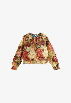 Buttoned floral jacket with long sleeves, elastic cuffs and hem, featuring large red, yellow, and green flower patterns on fabric.