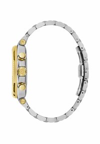 Zegarek ze stali nierdzewnej z bezelą i przyciskami w kolorze złotym. Posiada teksturowaną krawędź oraz gładkie ogniwa bransolety, prezentując dwukolorowy design.