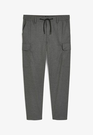 Grijze cargobroek met rechte pijpen, elastische taille en zwarte trekkoord, met zijflappen en standaard voorzakken.