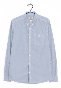 Camicia a righe in blu e bianco, con maniche lunghe, colletto e una tasca sul petto con bordo arrotondato. Materiale in cotone.