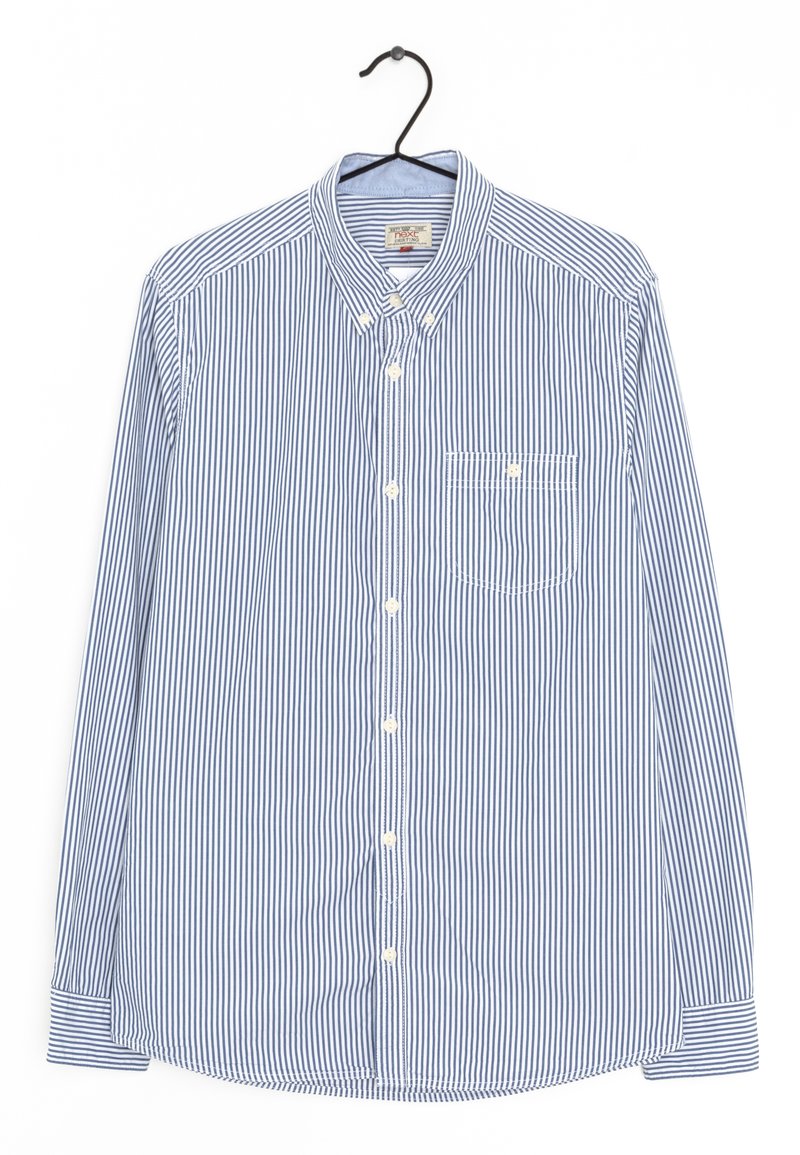 Striped button-up shirt in blue and white, featuring long sleeves, a collar, and a single chest pocket with a rounded hem. Cotton material.