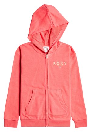 Coral zip-up hoodie made of soft fabric, featuring a front pocket, ribbed hem, and gold logo detail on the chest. Includes a hood.