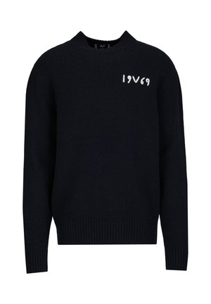 Marineblauer Strickpullover mit Rundhalsausschnitt, gerippten Bündchen und Saum, versehen mit weißer "1969" Stickerei auf der Vorderseite. Weiche Textur und lässige Passform.