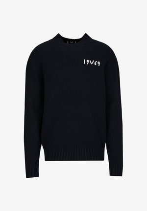 Marineblauer Strickpullover mit Rundhalsausschnitt, gerippten Bündchen und Saum, versehen mit weißer "1969" Stickerei auf der Vorderseite. Weiche Textur und lässige Passform.