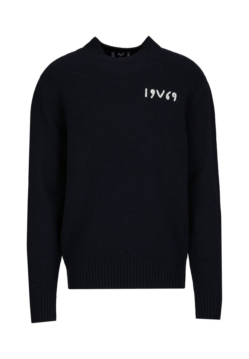 Marineblauer Strickpullover mit Rundhalsausschnitt, gerippten Bündchen und Saum, versehen mit weißer "1969" Stickerei auf der Vorderseite. Weiche Textur und lässige Passform.