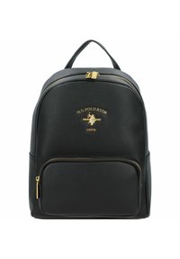 Zaino in ecopelle nera con texture, dotato di hardware dorato, una tasca frontale con zip e il logo della U.S. Polo Assn. sulla parte anteriore.