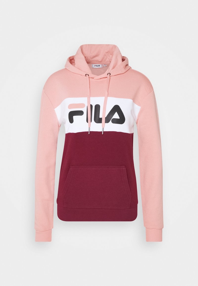 Sweatshirt met capuchon, roze mouwen, bordeauxrode body, wit borstpaneel, voorkantzak en een groot zwart-roze FILA-logo aan de voorkant.