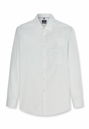 Chemise blanche à manches longues avec fines rayures verticales grises, col pointu et poche poitrine sur fond blanc.