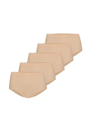 Five beige seamless high-waist women's briefs arranged in a staggered stack on a white background.