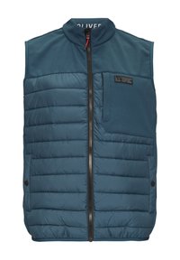 Gepolsterte Weste in dunklem Blaugrün, mit hohem Kragen, Frontreißverschluss und einer Brusttasche. Hergestellt aus einem glatten Stoff mit horizontaler Steppung.
