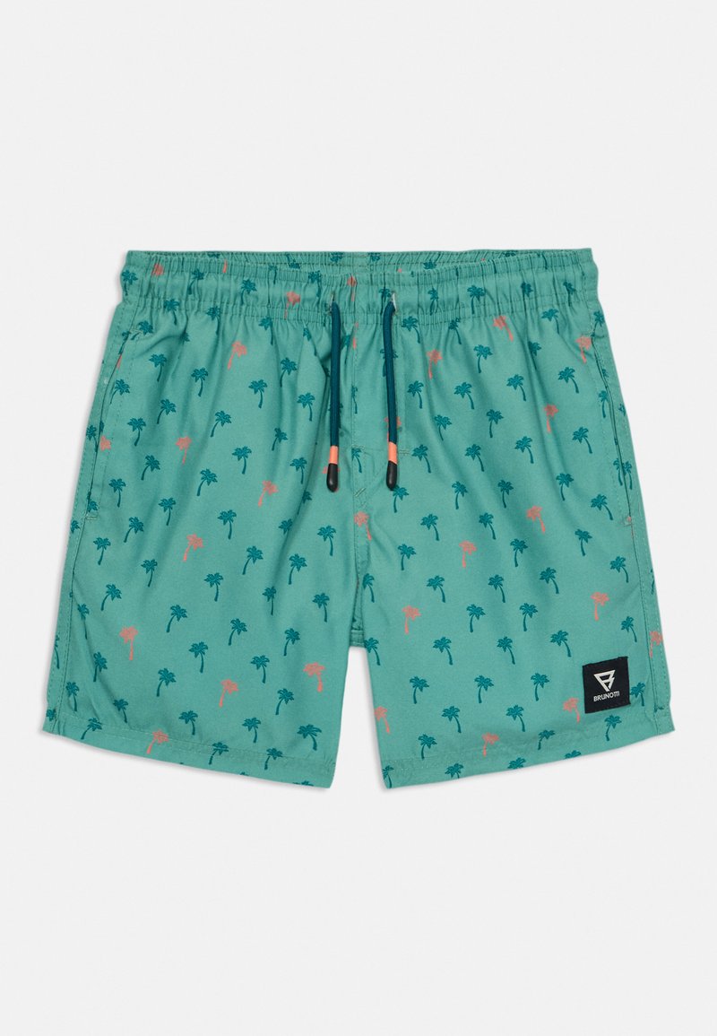 Pantaloni da bagno turchesi con un motivo di palme verdi e corallo. Presentano una vita elastica con cordoncino e una patch con logo laterale.