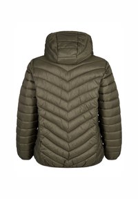 Olivgrön puffjacka med huva, med en chevron-quiltad design, slät textur och ribbade muddar. Ingen synlig hårdvara.
