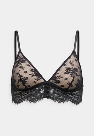 Bralette en dentelle noire avec motif floral, bonnets triangulaires, bretelles ajustables et boutons décoratifs au centre devant.