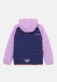 Padded jacket featuring a purple hood, navy body, and bright orange trim. Includes horizontal stitching and a white accent pattern at the hem.