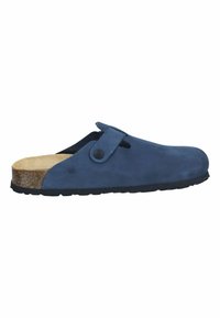 Navy blue suede clog with a rounded toe, featuring a black button accent and a cork midsole, set on a textured black rubber outsole.