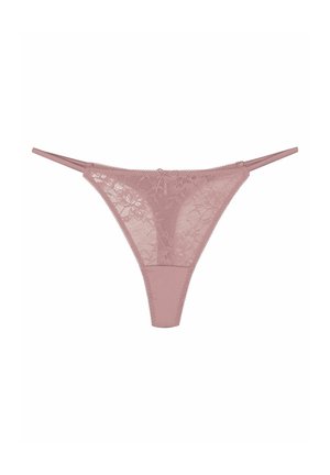 Lace thong in soft pink, featuring floral patterns, a smooth fabric waistband, and thin adjustable straps for a delicate appearance.