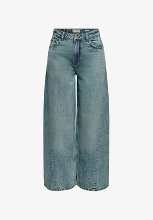 Jean en denim bleu taille haute à jambes larges avec fermeture à boutons et zip à l'avant, passants pour ceinture, poches avant et arrière.