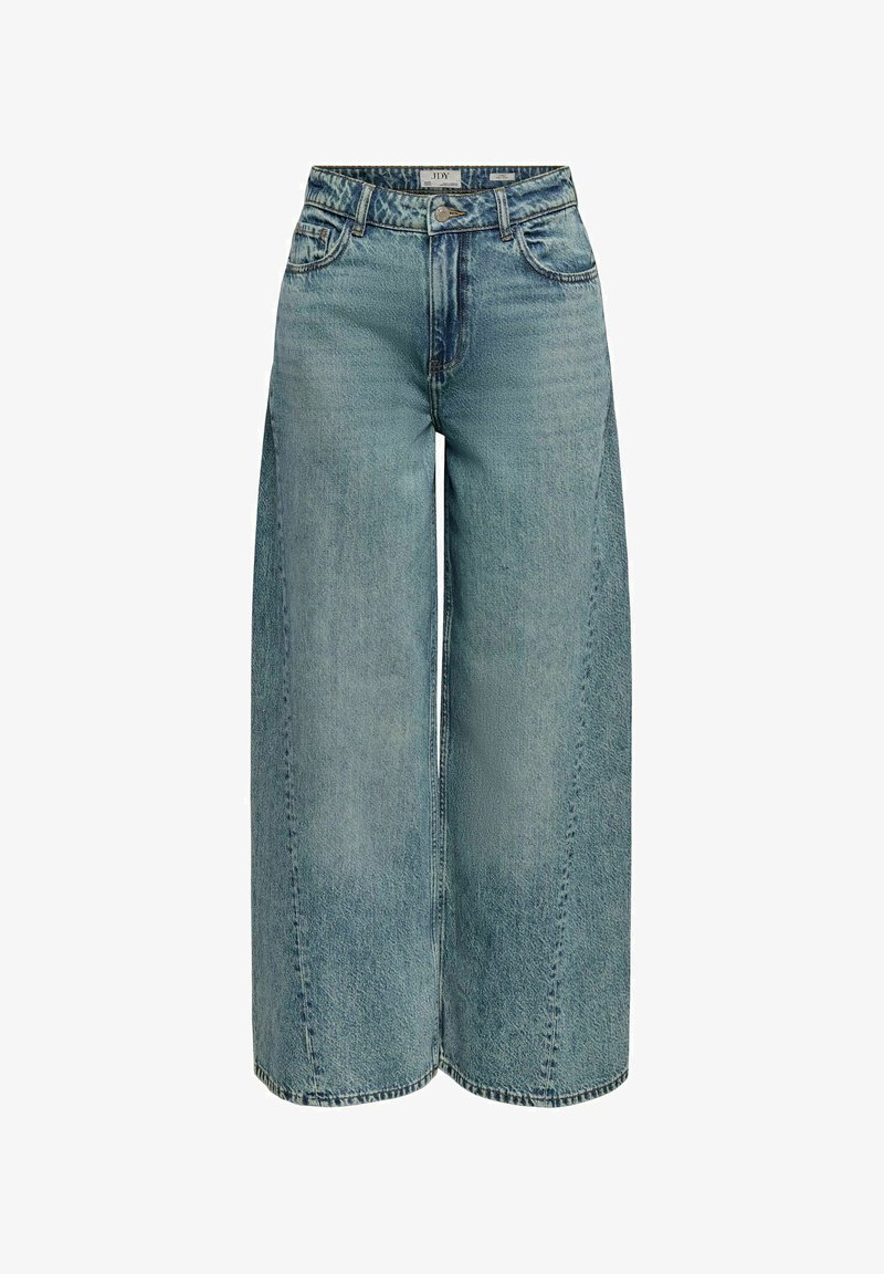 Jean en denim bleu taille haute à jambes larges avec fermeture à boutons et zip à l'avant, passants pour ceinture, poches avant et arrière.