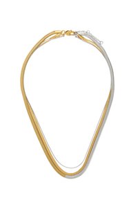 Naszyjnik z metalu w kolorze złotym i srebrnym o eleganckim, elastycznym designie, składający się z dwóch splecionych łańcuszków w kształcie litery V, wykończony zapięciem i łańcuszkiem do regulacji.