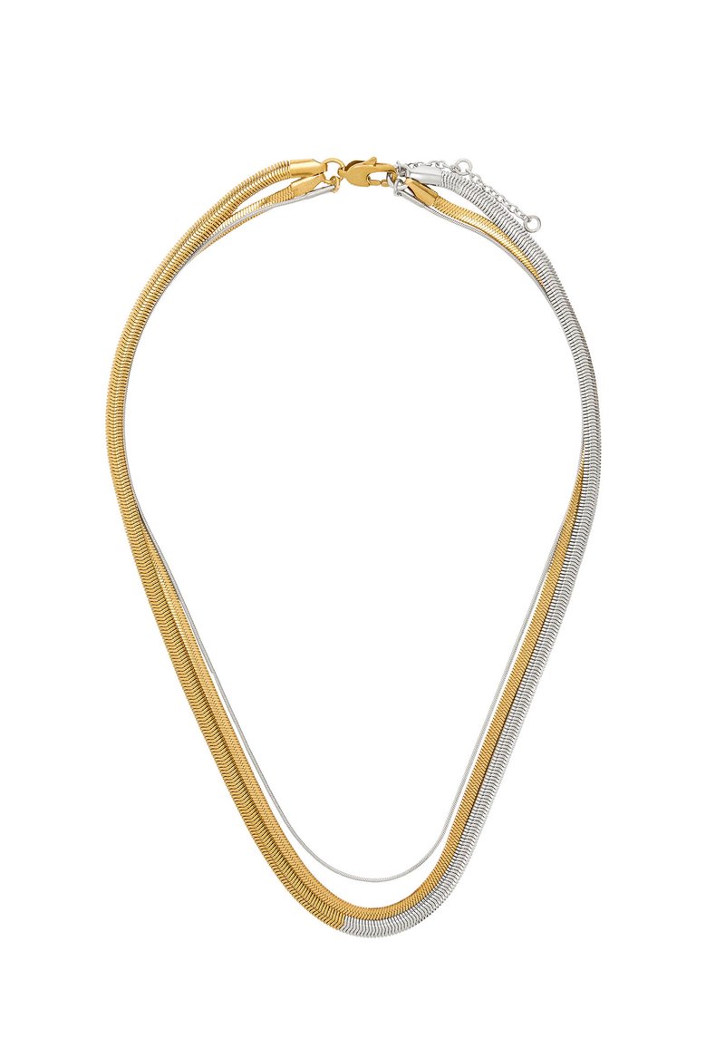 Naszyjnik z metalu w kolorze złotym i srebrnym o eleganckim, elastycznym designie, składający się z dwóch splecionych łańcuszków w kształcie litery V, wykończony zapięciem i łańcuszkiem do regulacji.
