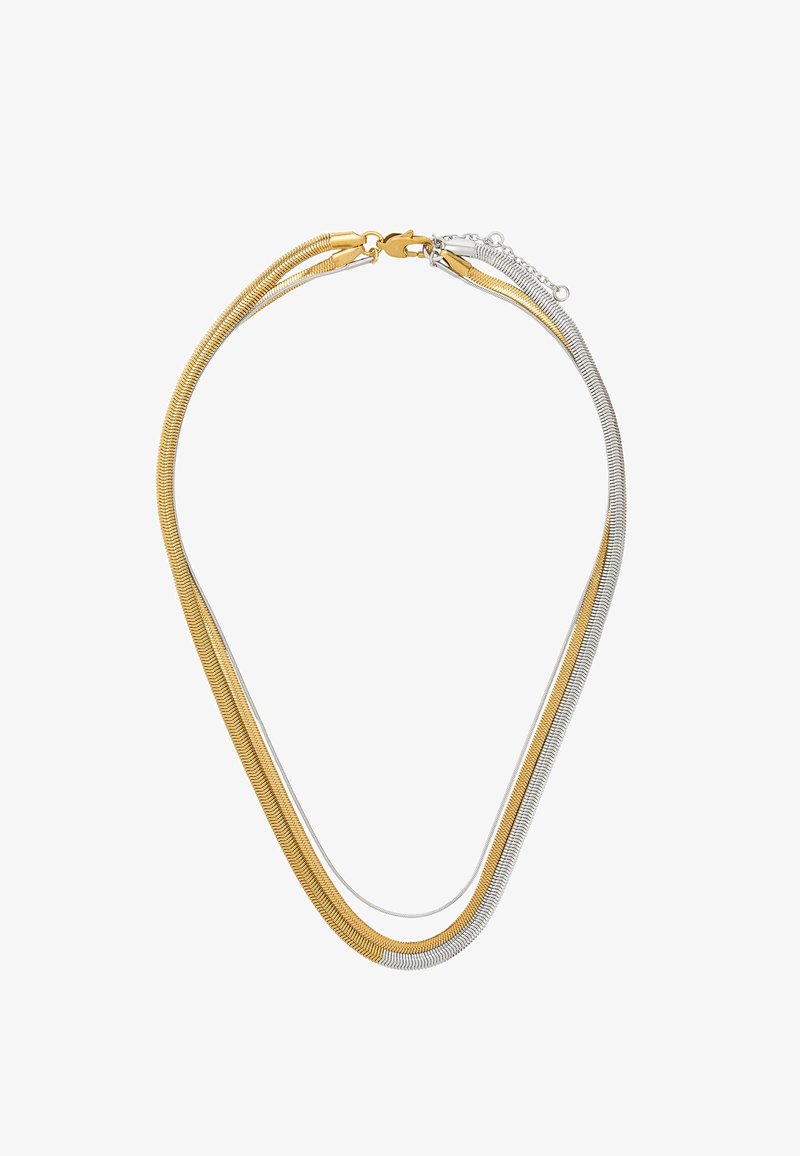 Naszyjnik z metalu w kolorze złotym i srebrnym o eleganckim, elastycznym designie, składający się z dwóch splecionych łańcuszków w kształcie litery V, wykończony zapięciem i łańcuszkiem do regulacji.