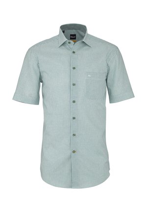 Kurzärmliges, hellgrünes Hemd mit vertikalen weißen Streifen, durchgeknöpft, mit Kragen und Brusttasche mit kleinem Logo.