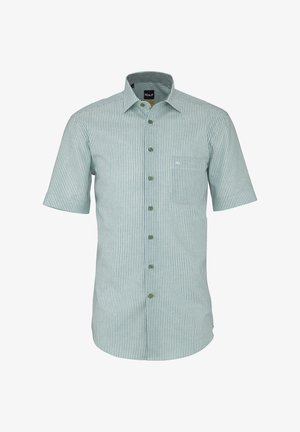 Camicia verde chiaro a maniche corte con righe verticali bianche, chiusura frontale con bottoni, colletto e taschino sul petto con piccolo logo.