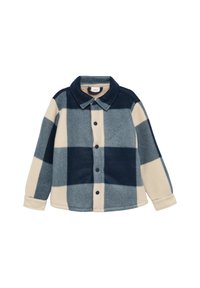 NAVY en crèmekleurige geblokte flanellen shirtjack met knoopsluiting, kraag en lange mouwen. Zachte textuur en relaxte pasvorm.