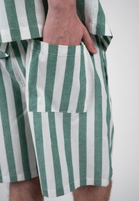 Main partiellement dans la grande poche avant d’un short rayé vertical vert et blanc avec ourlet de chemise assorti visible.