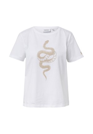 T-shirt en coton blanc avec un motif de serpent beige. Manches courtes et coupe décontractée. Marque subtile au niveau de l'ourlet.