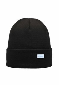 Black knit beanie with a folded cuff and a small white logo tag. Soft texture with a fitted, cylindrical shape. Lightweight and stretchy.