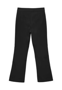 Pantaloni neri a palazzo con una texture liscia e una vita alta. Presentano due pieghe frontali e aperture larghe per una vestibilità ampia alla caviglia.